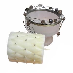 Decorative PartyLite Candle Holder & Quilted Style Pillar Candle w/ Pearls
